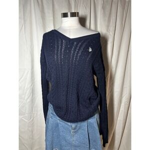 US Polo Assn Navy Blue Cable Knit V-Neck Sweater Women Medium Open Weave Logo